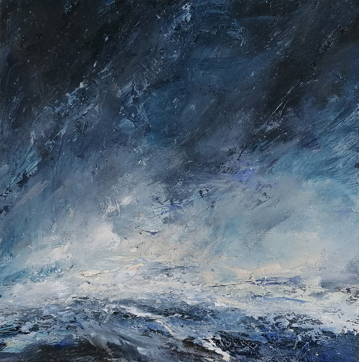Janette-Kerr-Weather-study---Tidal-rush,-Voe-of-Dale,-oil-on-board,-30x30cm