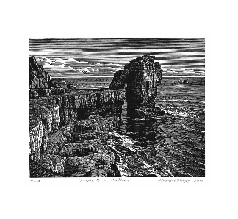 Pulpit Rock, Portland Bill woodcut print £225 unframed